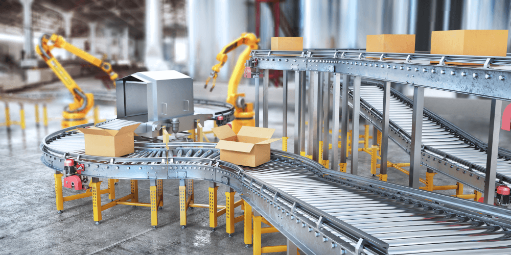 Robot and conveyor automating handling of materials
