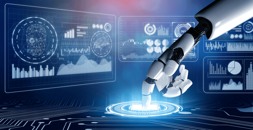 Robot with charts showing automation KPIs